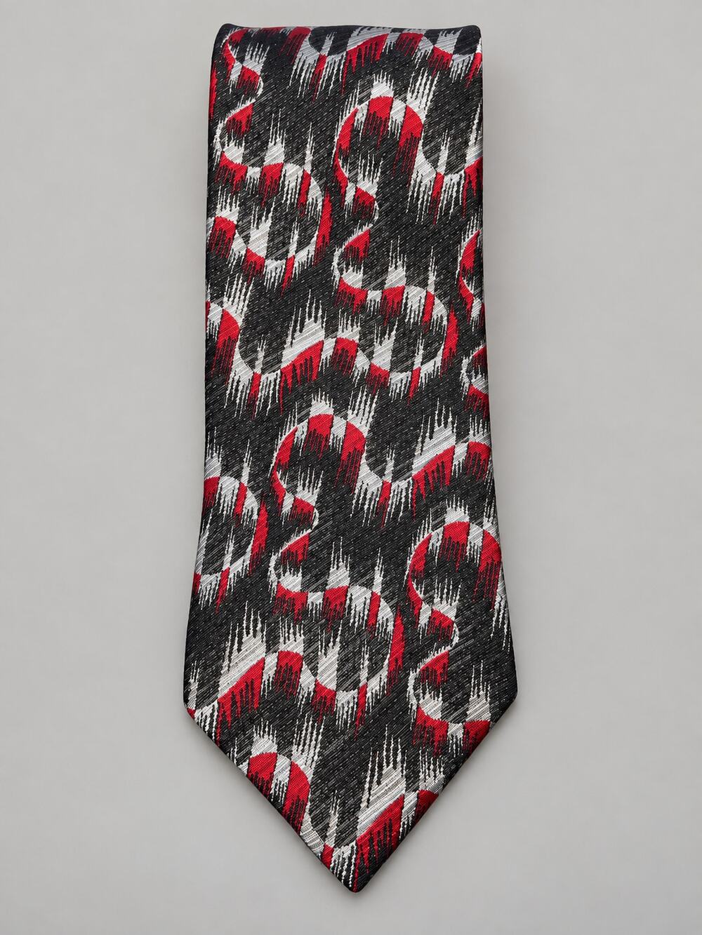 Mario Valentino 100% Silk Men’s Tie Red Black Silver Gray Abstract Geometric
